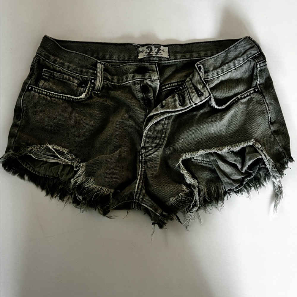 Gray Green Jean Shorts with Distressed Raw-Edge Hem